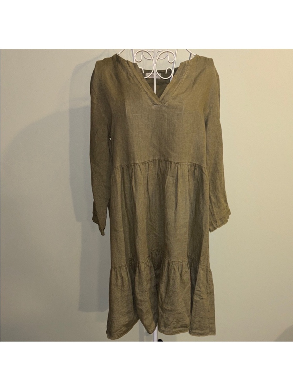100% linen  Tiered V-Neck Dress in Dark Olive Green XS